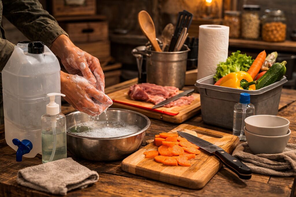 cuisine sobre en situation dégradée, deux bassines distinctes, un jerrican d’eau propre, savon, planches séparées, zone propre et zone sale clairement visibles, sans texte.