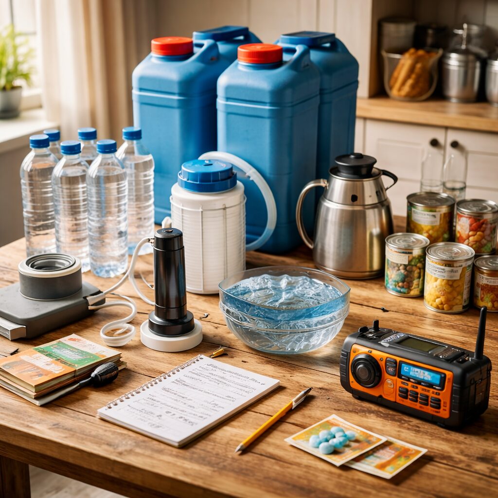 Cuisine urbaine avec bouteilles d’eau, jerricans alimentaires, bouilloire et plan d’urgence pour sécuriser l’eau potable.