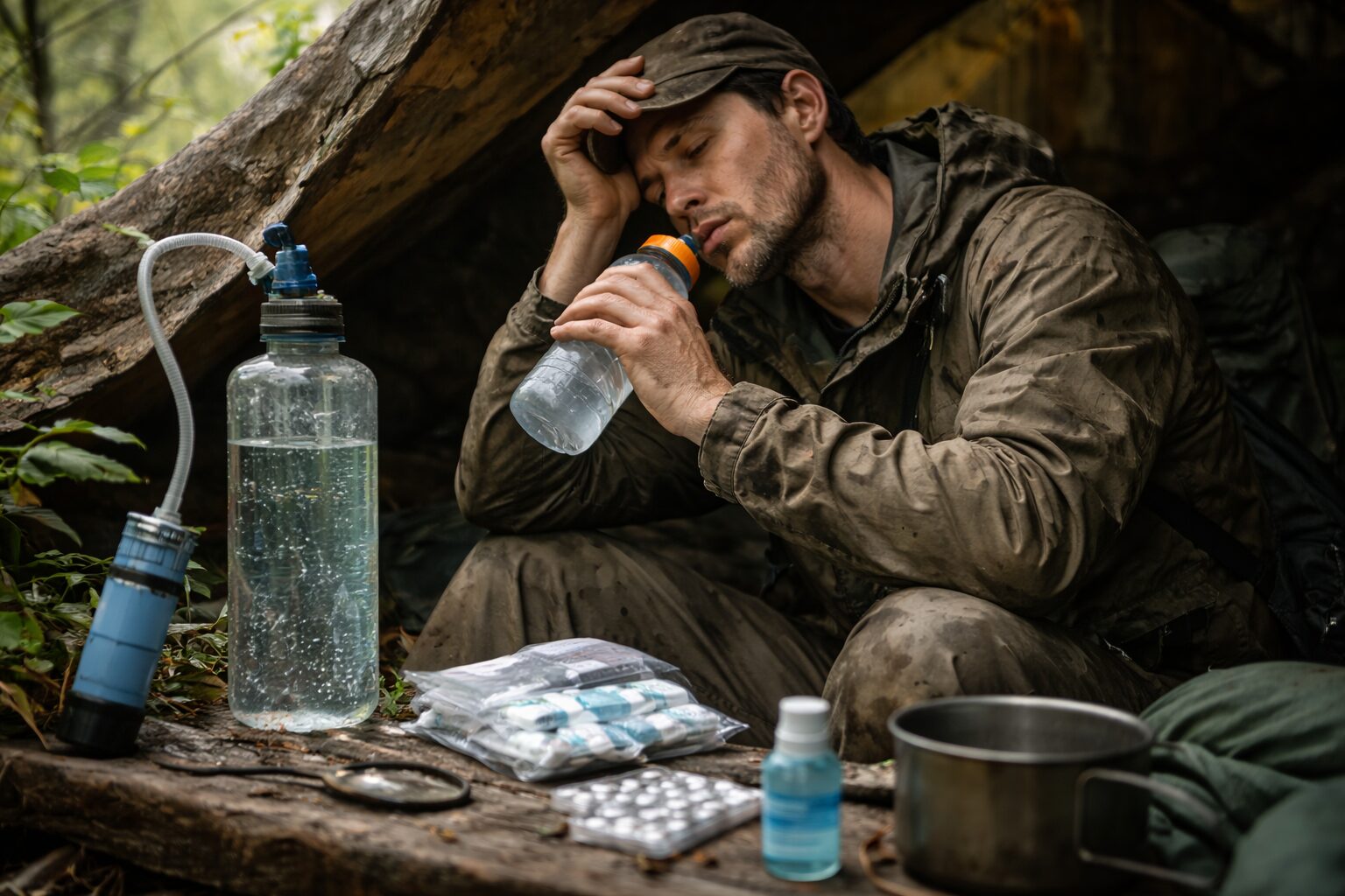 scène réaliste de camp ou d’abri en situation dégradée, personne fatiguée en train de boire une solution de réhydratation, eau sûre et matériel d’hygiène visibles, sans texte.