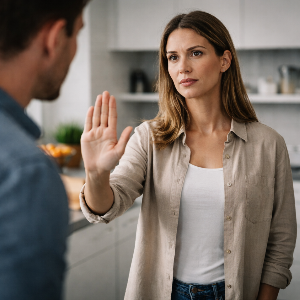 Dire non sous pression : méthode d’assertivité courte pour poser une limite sans déclencher une guerre une personne debout, posture calme, mains visibles, regard stable, face à quelqu’un qui insiste (hors focus), ambiance bureau ou cuisine, lumière naturelle, pas de dramatisation, pas de texte sur l’image.