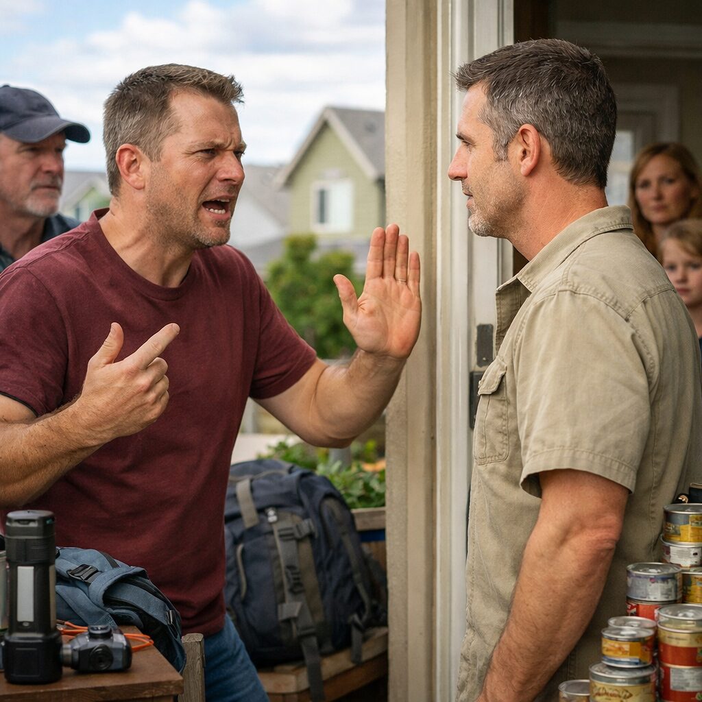 Échange tendu mais contrôlé entre voisins sur un seuil de porte, avec distance, posture calme et maison non exposée.