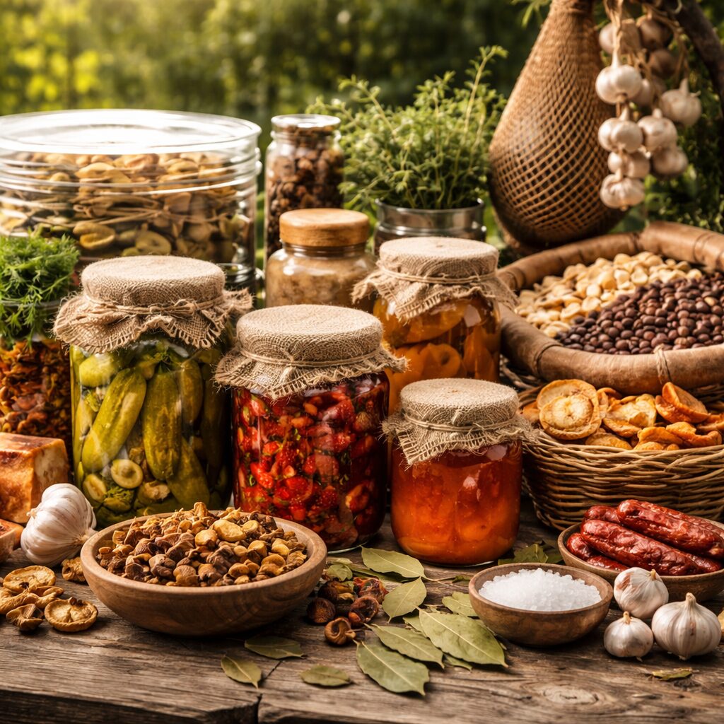 Étagère de bocaux, aliments séchés et légumes fermentés pour conserver la nourriture plusieurs mois sans congélateur.