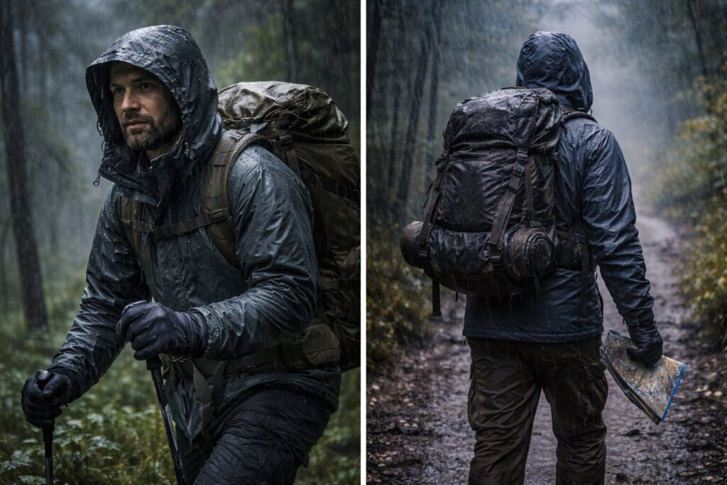 scène réaliste d’évacuation sous pluie froide, personne équipée d’une couche pluie, sac protégé, mains gantées, ambiance humide et sombre, posture de déplacement crédible, sans texte.