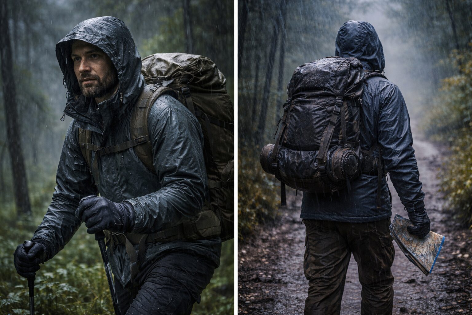 scène réaliste d’évacuation sous pluie froide, personne équipée d’une couche pluie, sac protégé, mains gantées, ambiance humide et sombre, posture de déplacement crédible, sans texte.