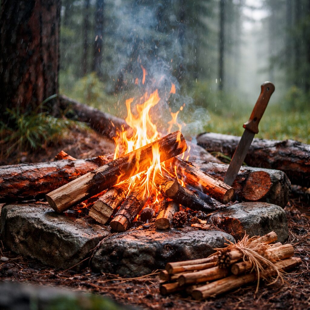 Faire un feu sous la pluie et en milieu humide : préparation et méthode fiable scène réaliste en forêt humide ou sous pluie fine, petite plateforme de branches au sol, feu compact en cours de démarrage, petit bois trié à côté, environnement sombre et mouillé, sans texte.