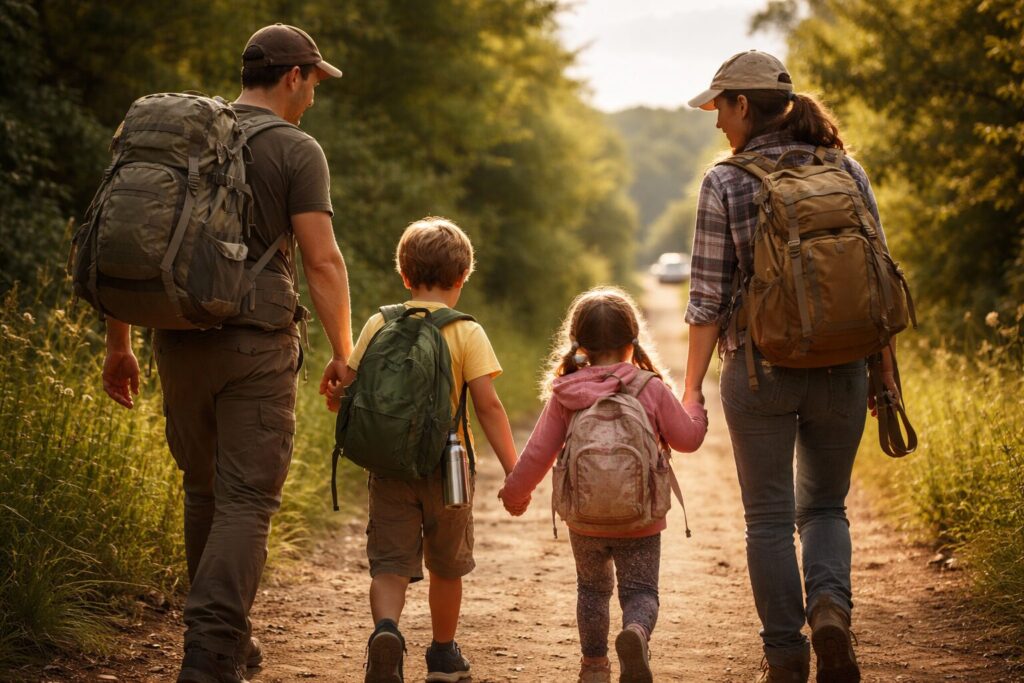 Se déplacer avec enfants en situation d’évacuation Famille avançant à pied avec sacs légers sur un itinéraire d’évacuation, enfants encadrés et matériel accessible.