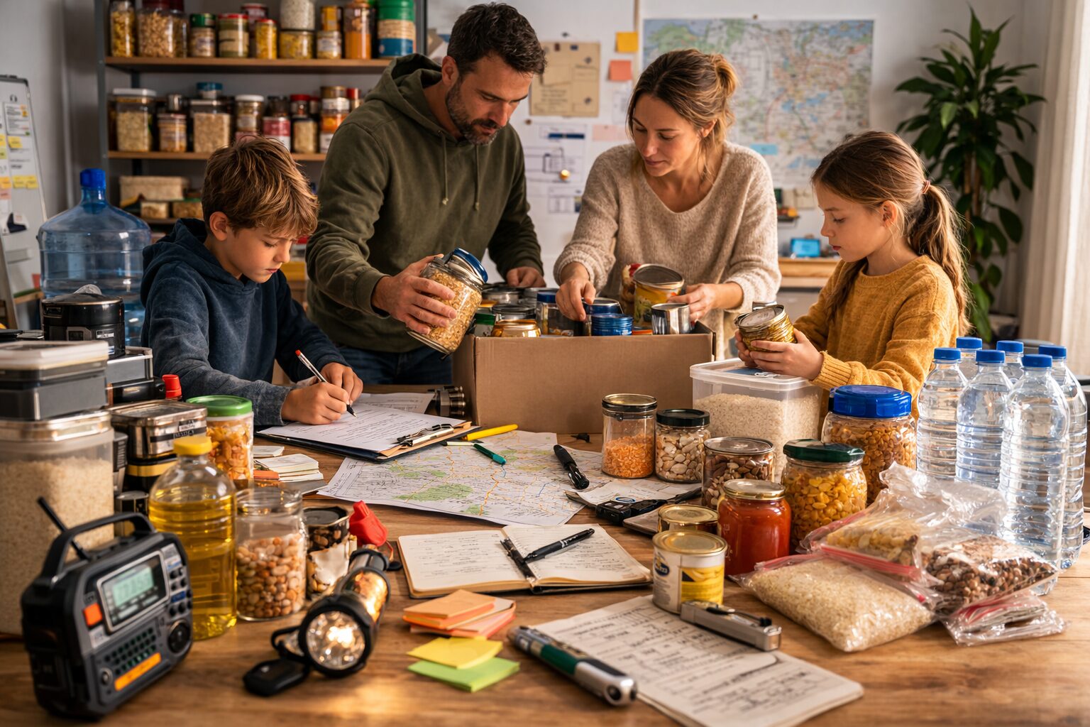 Famille organisant des réserves alimentaires et des repas de crise sur une table avec eau, conserves et plan écrit.