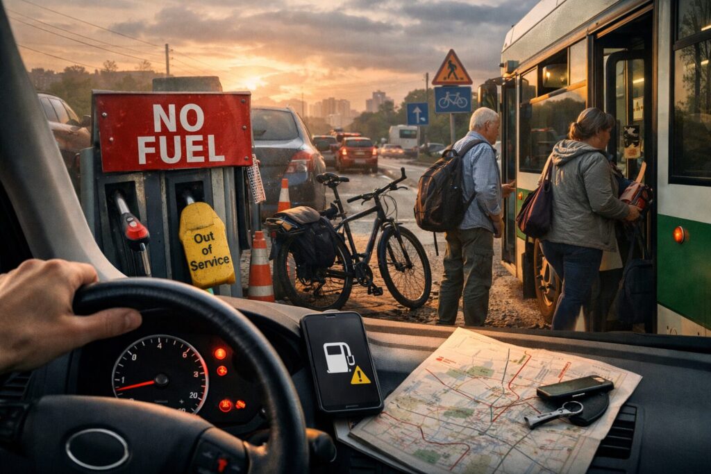 Famille organisant ses déplacements autour d’une carte, avec vélo, transports et voiture réservée aux trajets essentiels en période de fermeture des stations-service.