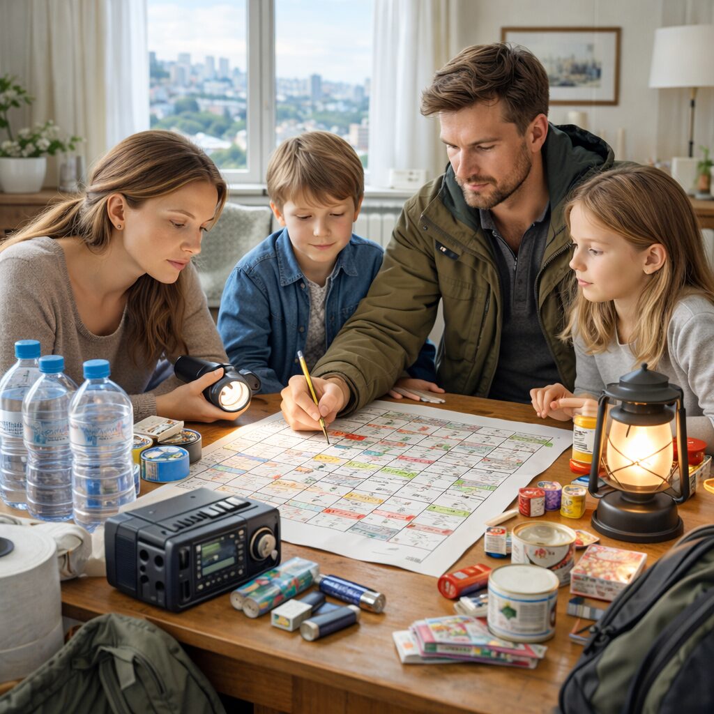 Famille organisée dans un logement en mode crise avec réserves d’eau, radio, lampes et plan papier sur une table.