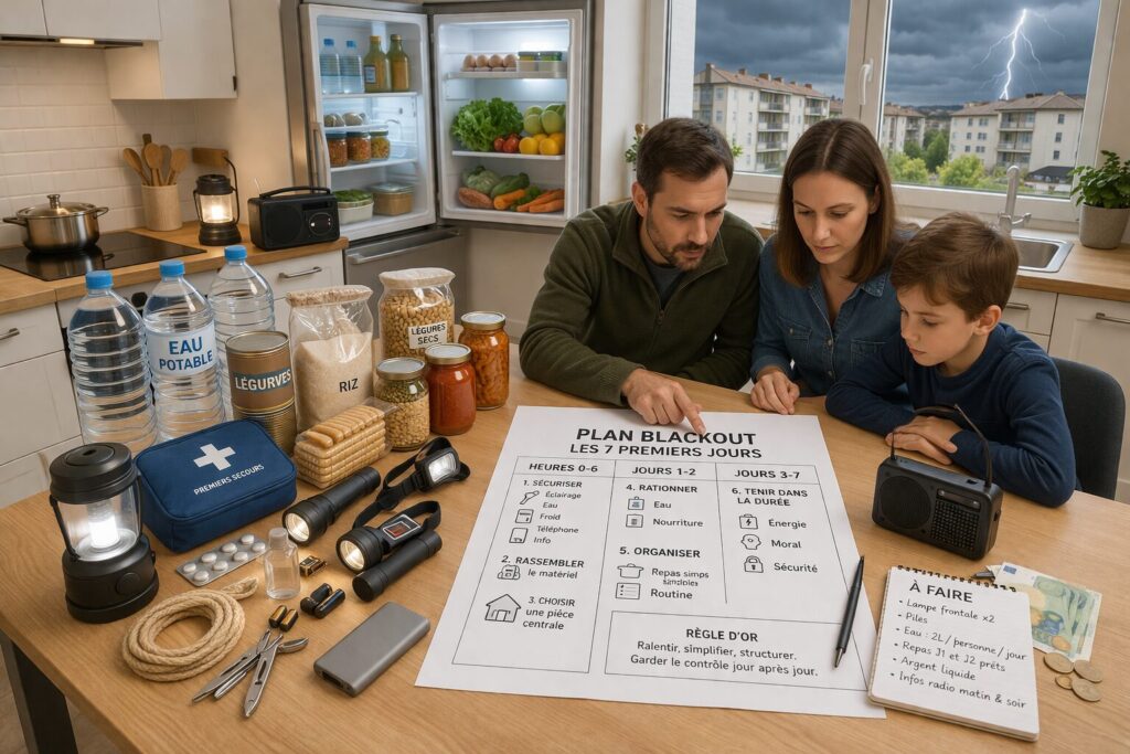 Famille organisée dans un salon faiblement éclairé pendant un blackout, avec lampes, réserves d’eau et matériel d’urgence prêt à l’emploi