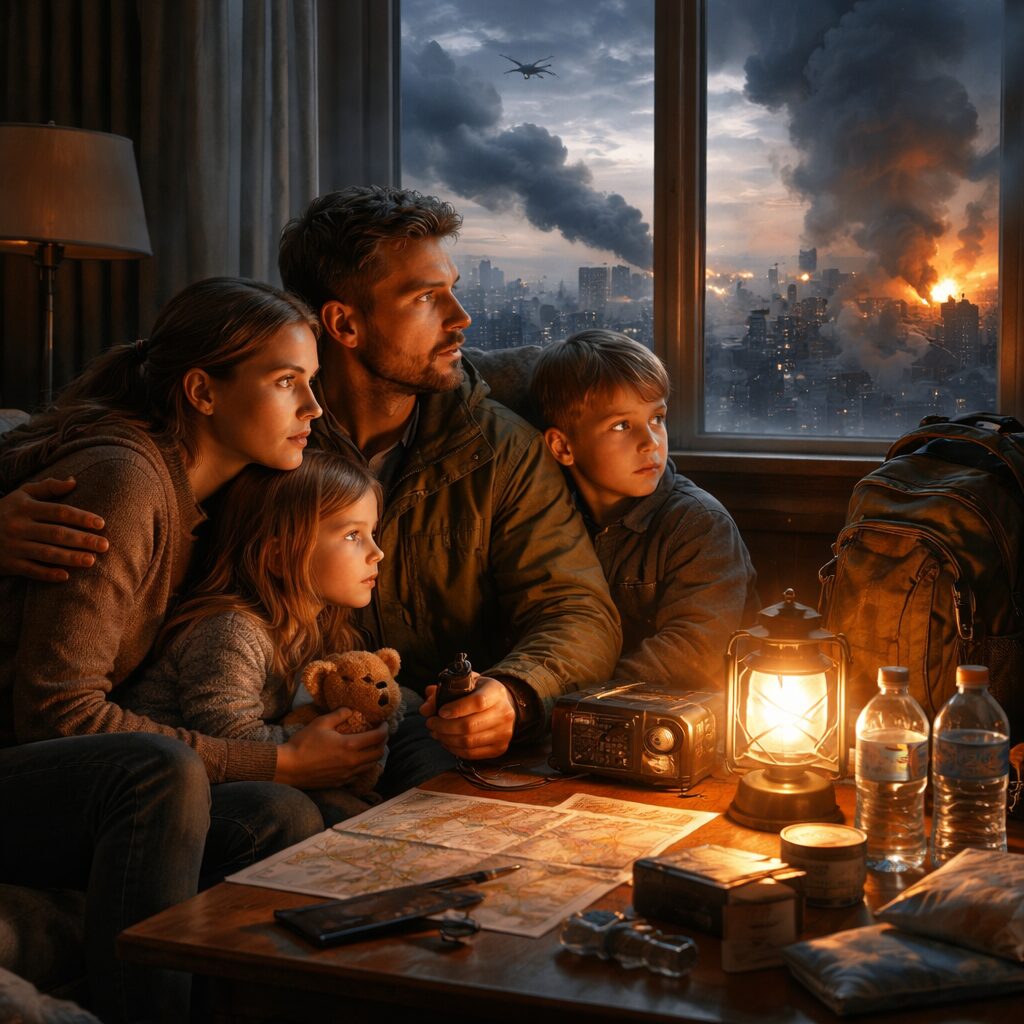 Famille préparant un kit d’urgence et un plan d’évacuation dans un salon en Europe, ambiance réaliste et sobre.