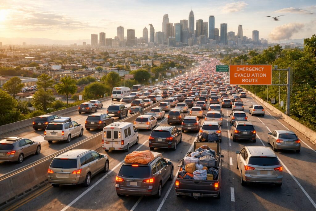 Famille préparant un plan d’évacuation urbaine avec cartes, sacs d’urgence, radio et documents sur une table.
