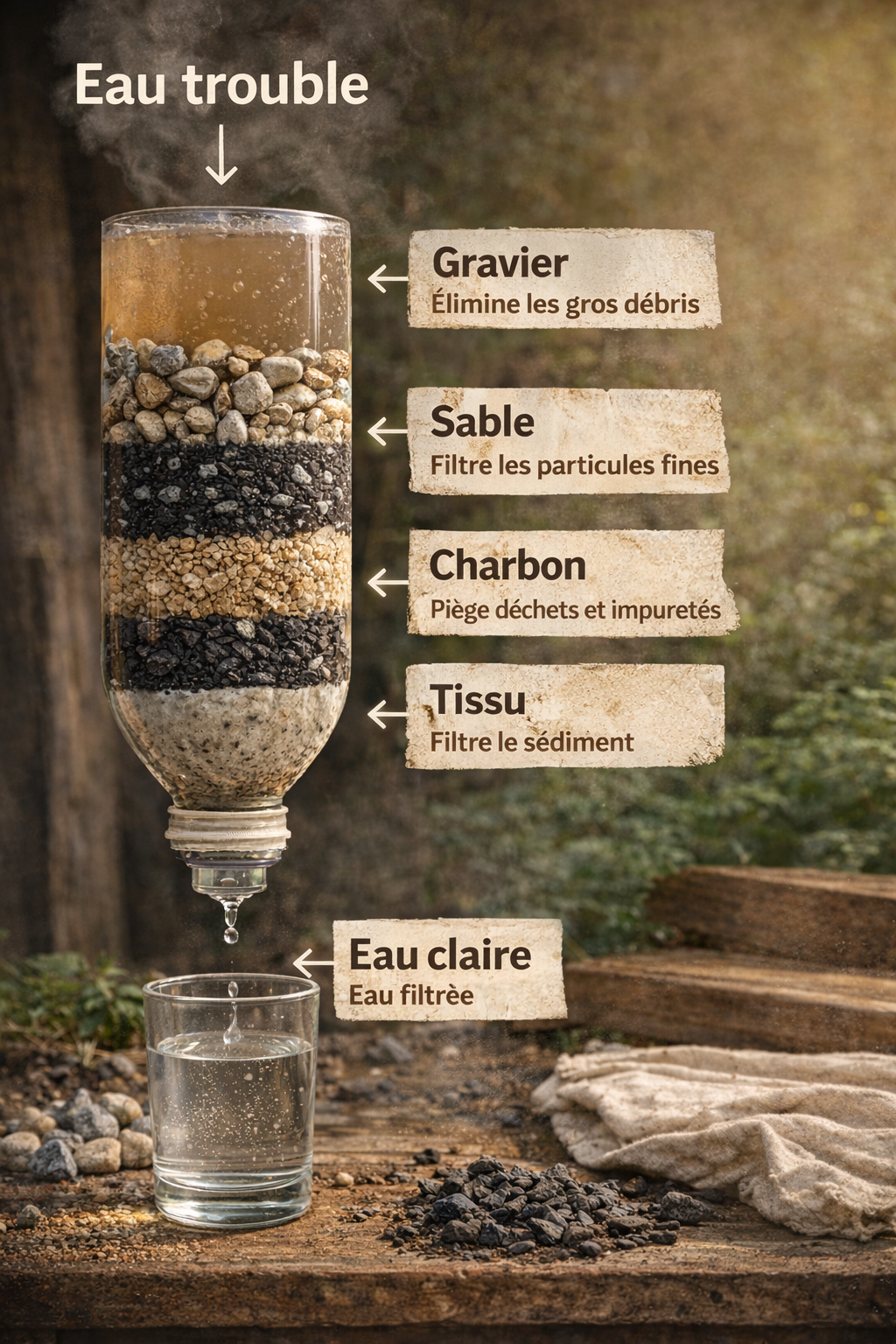 Filtration artisanale d'eau claire