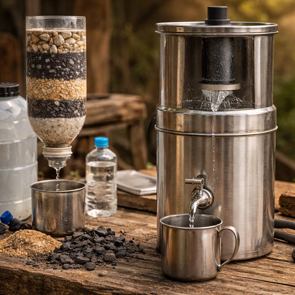 Filtration gravitaire et charbon actif : ce que ces systèmes éliminent réellement filtre gravitaire réaliste en situation de survie domestique, avec cuve supérieure, élément filtrant visible, récipient propre en dessous, eau claire en sortie, environnement sobre, sans texte.