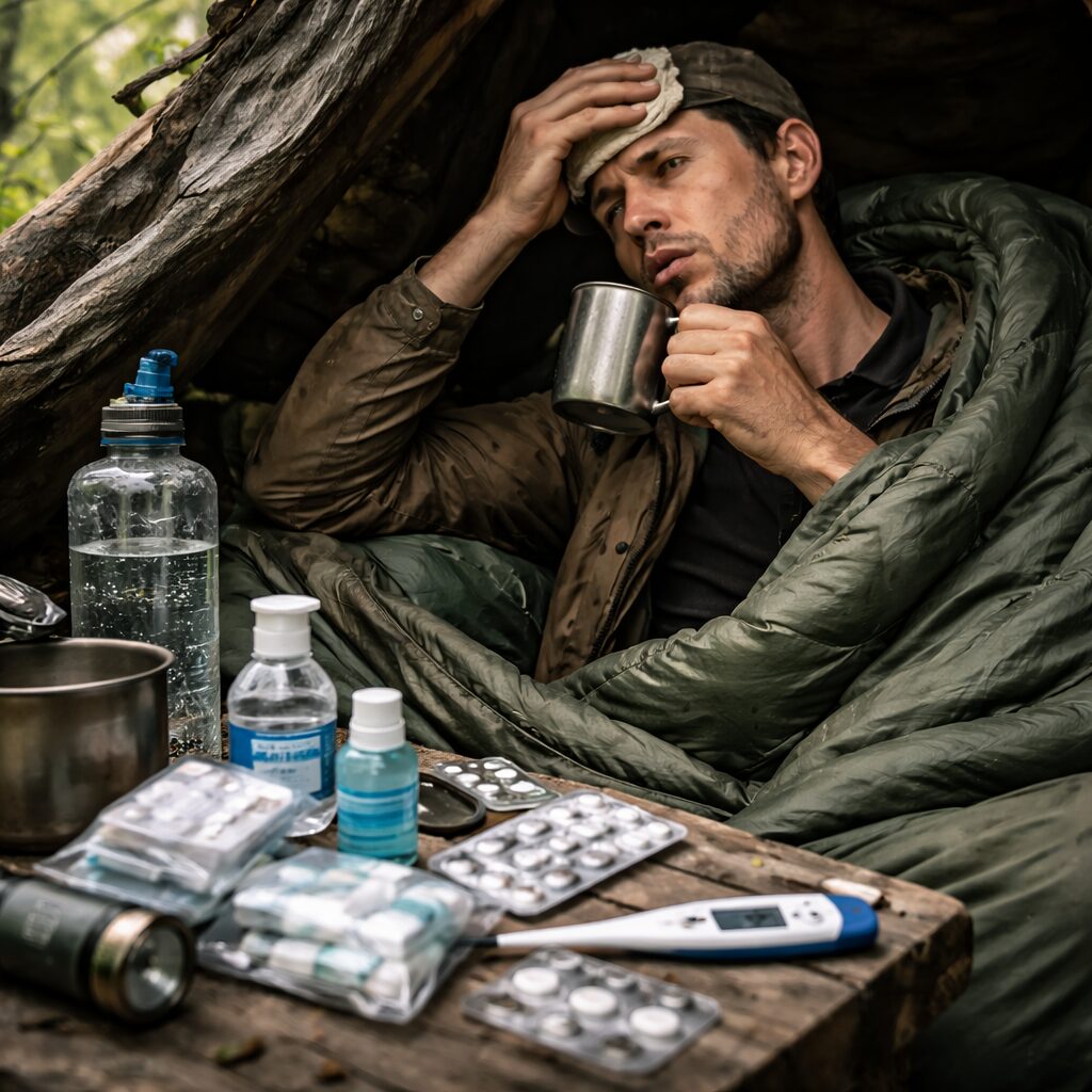 personne fatiguée dans un abri ou un camp rustique, en train de boire, se refroidir légèrement, avec eau sûre et matériel d’hygiène visibles, sans texte.