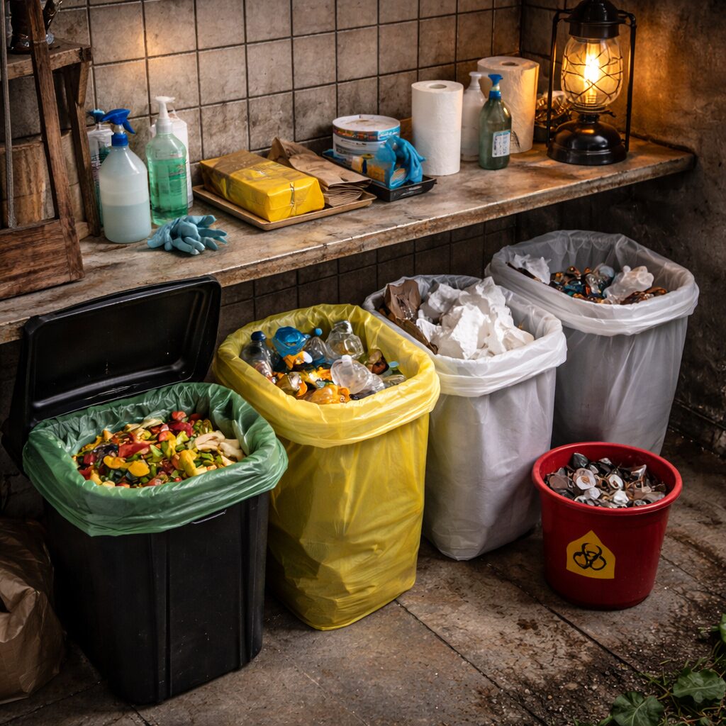 Gérer ses déchets en situation dégradée : hygiène, odeurs et nuisibles scène réaliste dans un espace de vie dégradé mais propre : bacs ou sacs distincts, zone de tri simple, contenant fermé pour organique, coin propre pour lavage des mains, ambiance sobre, sans texte.