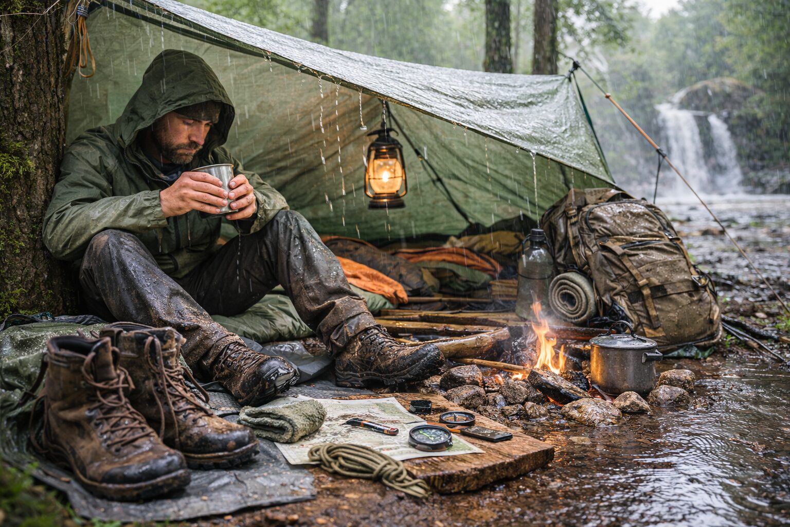 Installation de bivouac sous pluie avec abri compact, zone sèche protégée, sac isolé du sol et équipement organisé pour rester fonctionnel.