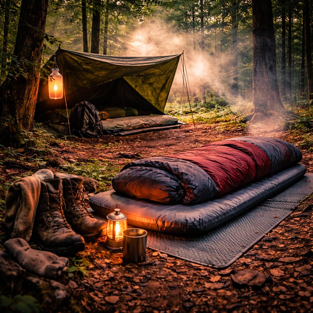 Installation de couchage sobre en forêt avec isolation au sol, abri léger et matériel protégé de l’humidité pour plusieurs nuits dehors.
