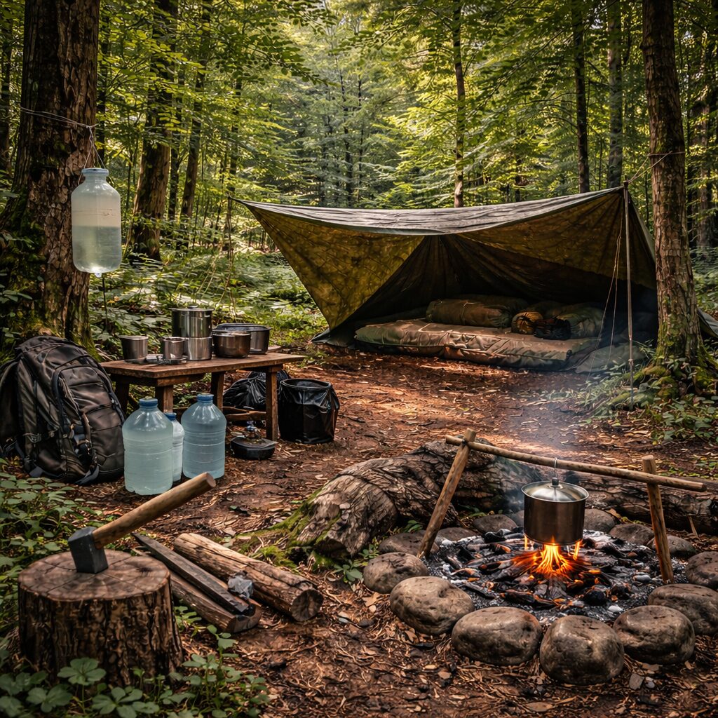 Installation forestière simple et organisée avec abri sobre, contenants d’eau, couchage protégé et matériel rangé pour un séjour temporaire.