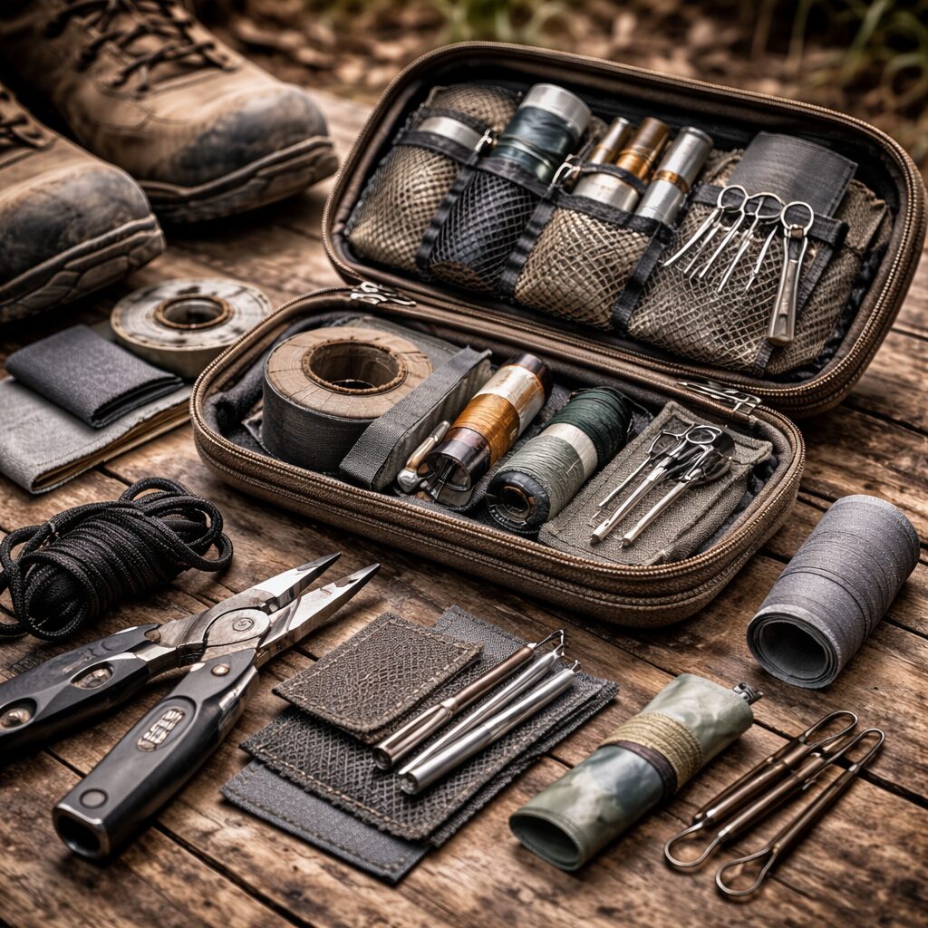 Kit réparation de survie minimal : réparer plutôt que remplacer sur 30 jours scène réaliste de réparation en autonomie sur une table en bois ou un sol de camp propre : petit multitool, ruban de réparation, aiguilles, fil, cordelette, patch textile, chaussure et sac en cours de réparation, lumière sobre, sans texte.