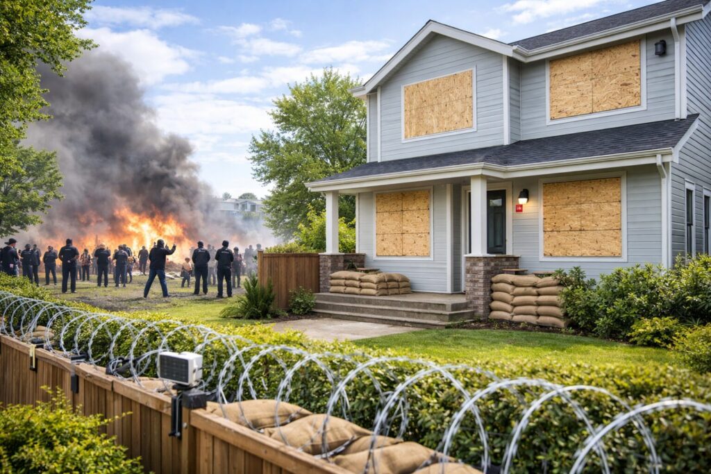 Maison discrètement sécurisée avec volets fermés, accès vérifiés, lampes, documents et sac d’urgence prêts en cas de troubles civils.