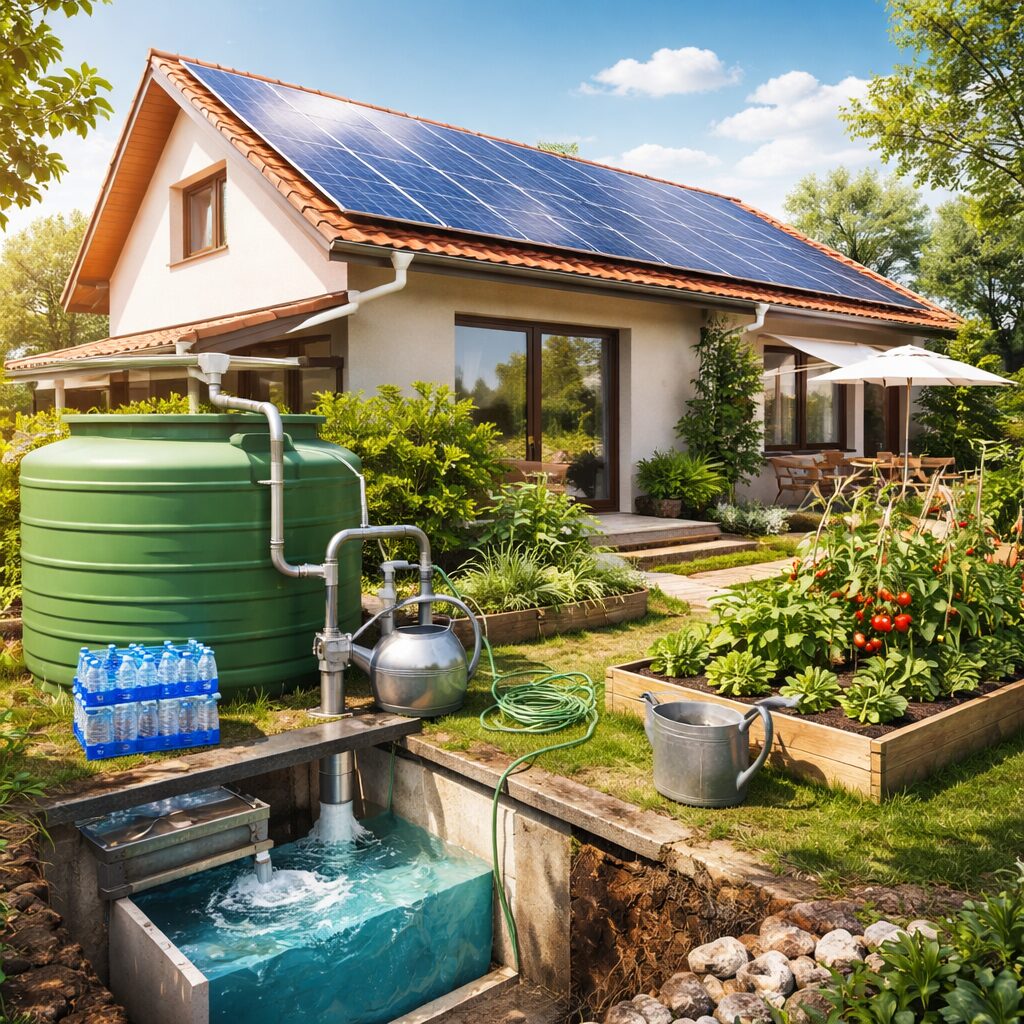 Maison individuelle équipée d’un récupérateur d’eau de pluie et de réserves d’eau domestiques pour réduire la dépendance au réseau.