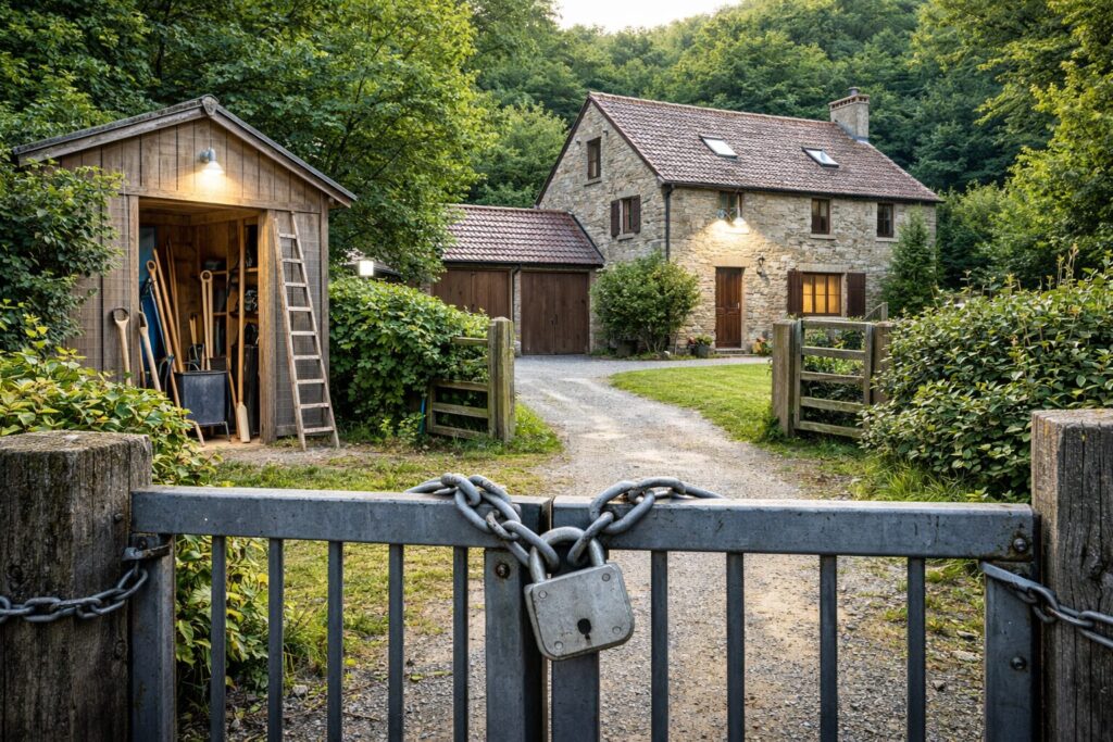 Sécuriser une maison isolée sans système électronique Maison isolée avec accès hiérarchisés, dépendances sécurisées et environnement extérieur organisé pour réduire les opportunités d’intrusion.