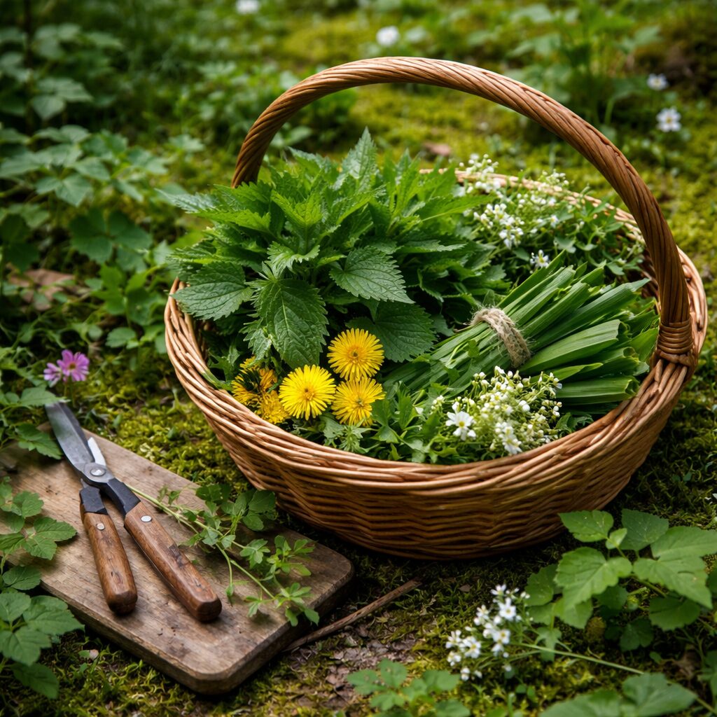 Les plantes sauvages nutritives les plus abondantes en Europe Panier de cueillette avec orties, pissenlits, plantains et autres plantes sauvages comestibles abondantes en Europe.