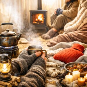 Pièce de vie compacte avec rideaux fermés, couvertures épaisses et organisation simple pour conserver la chaleur sans gaz ni électricité.