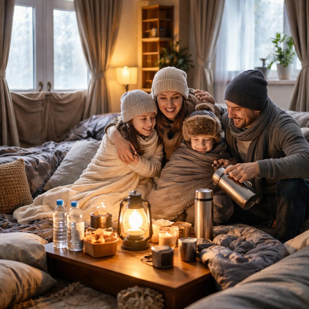 Survivre à un hiver sans chauffage : organisation pièce par pièce Pièce de vie réorganisée en hiver sans chauffage avec couvertures, eau, lampe et occupants regroupés pour conserver la chaleur