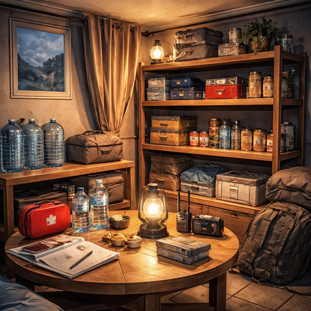 Comment sécuriser un appartement en situation de crise Pièce intérieure de maison organisée comme refuge domestique avec eau, radio, lampes, trousse de secours et réserves de base.