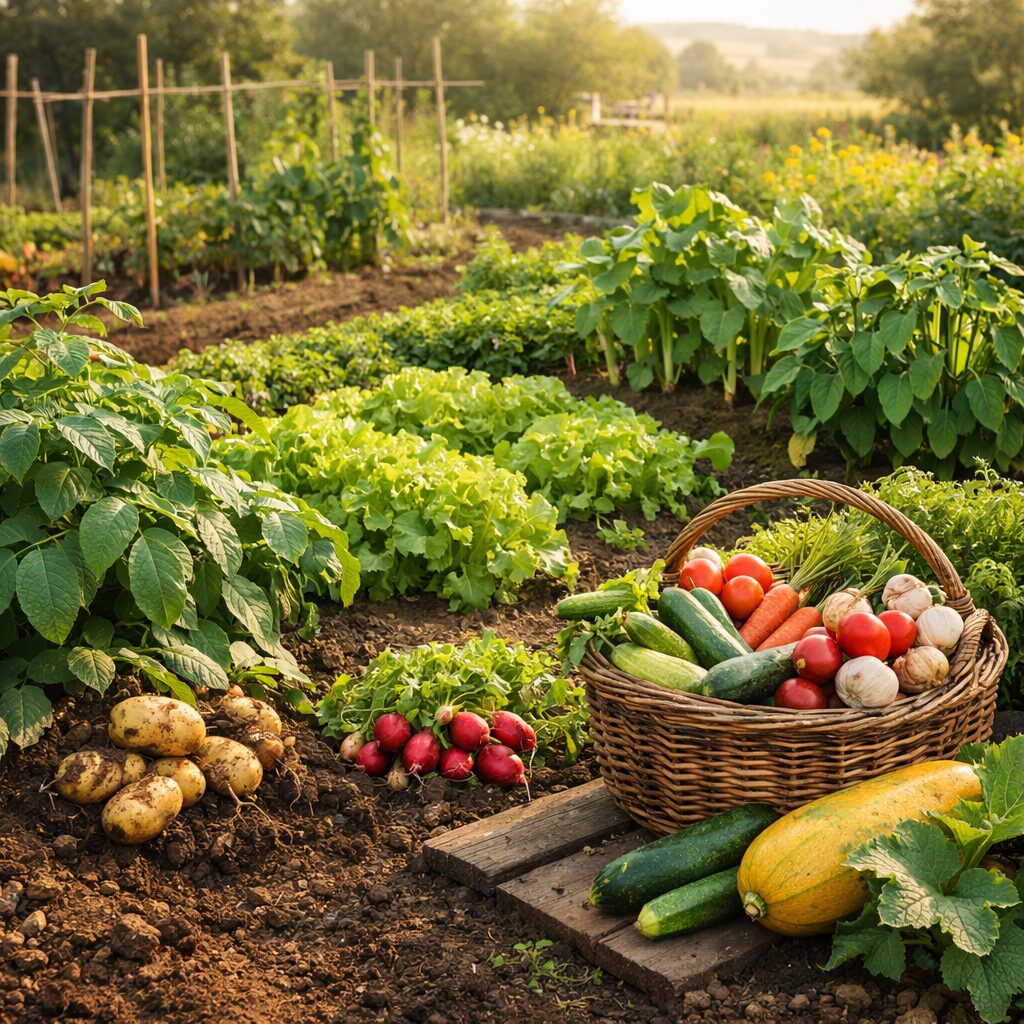 Comment produire de la nourriture sur un petit terrain Potager simple et productif avec pommes de terre, courgettes, haricots, blettes et laitues pour une culture vivrière facile.
