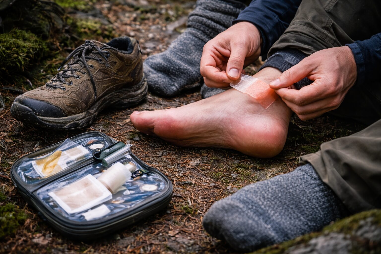 scène réaliste de pause terrain pendant une marche, chaussure retirée, chaussette enlevée, soin du talon ou de l’avant-pied, matériel simple et crédible, sans texte.