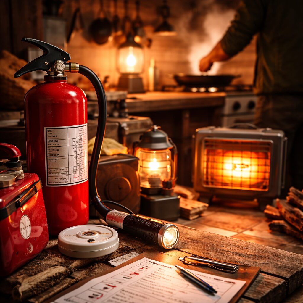 intérieur réaliste en situation dégradée, cuisine ou pièce de vie avec éclairage de crise, zone de chauffage ou de cuisson sécurisée, environnement rangé et crédible, sans texte.