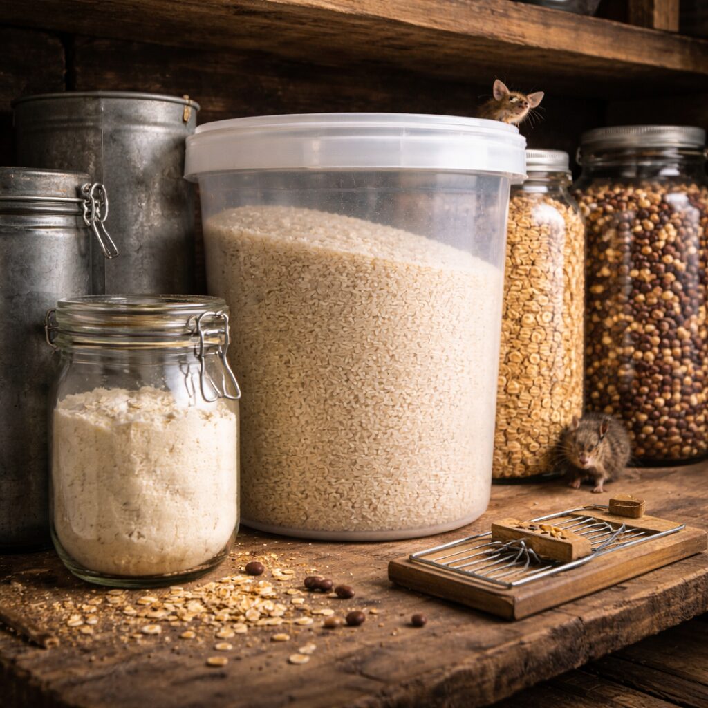 Comment produire de la nourriture sur un petit terrain réserve alimentaire réaliste et sobre, avec bocaux en verre, boîtes métalliques, contenants robustes sur étagères surélevées, environnement sec et propre, sans texte.