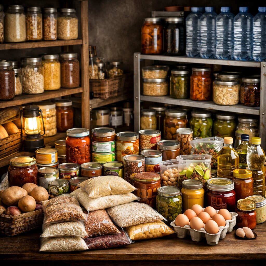Réserve alimentaire domestique organisée avec conserves, bocaux, féculents et étagères compactes pour stocker trois mois de nourriture sans gaspillage.