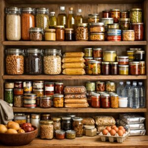 Réserve alimentaire organisée avec riz, pâtes, légumineuses, conserves, huile et fruits secs pour constituer un stock longue durée fiable.