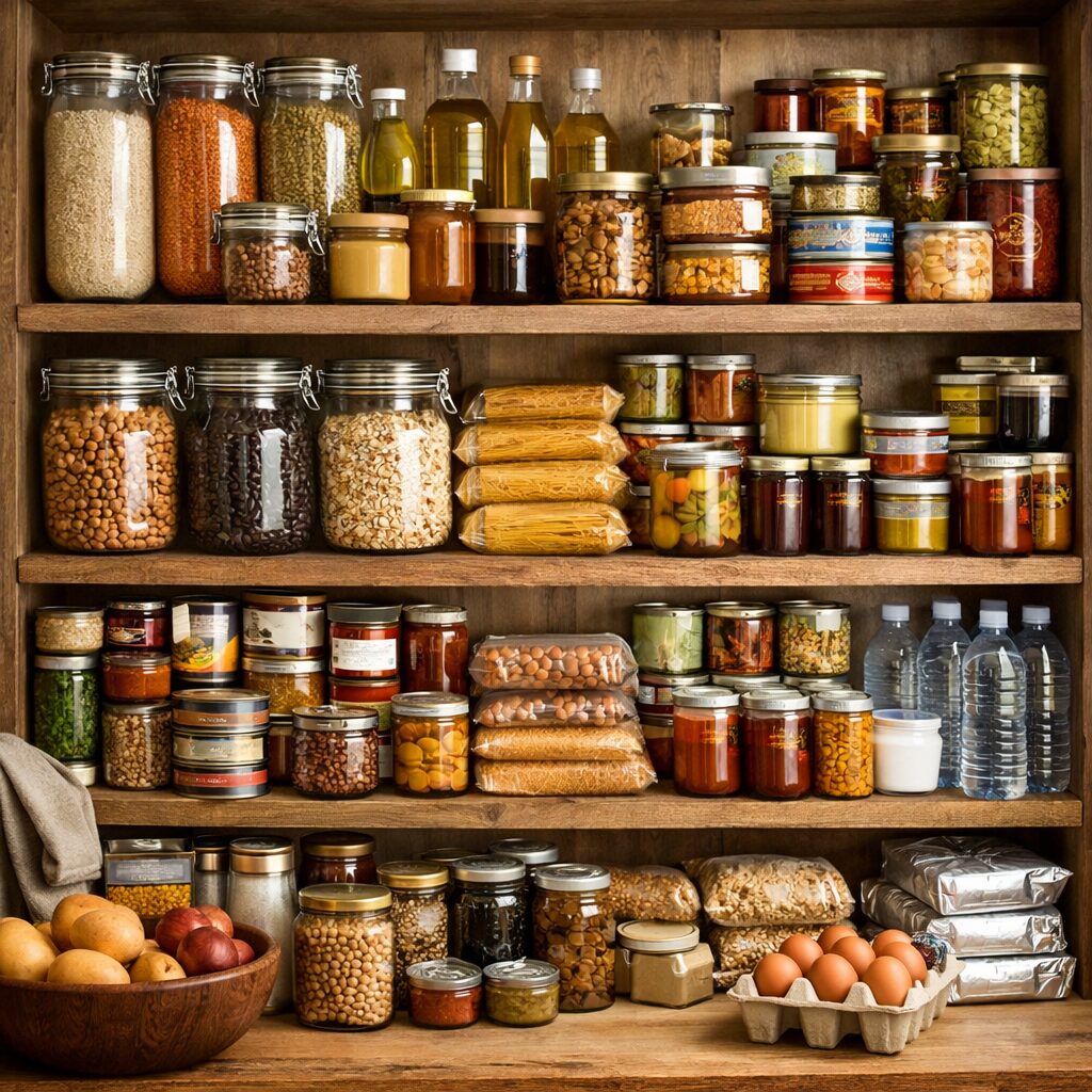Réserve alimentaire organisée avec riz, pâtes, légumineuses, conserves, huile et fruits secs pour constituer un stock longue durée fiable.