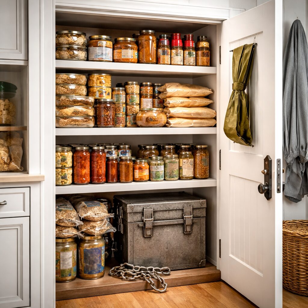 Réserves alimentaires discrètement stockées dans un intérieur domestique avec rangements fermés et organisation peu visible.
