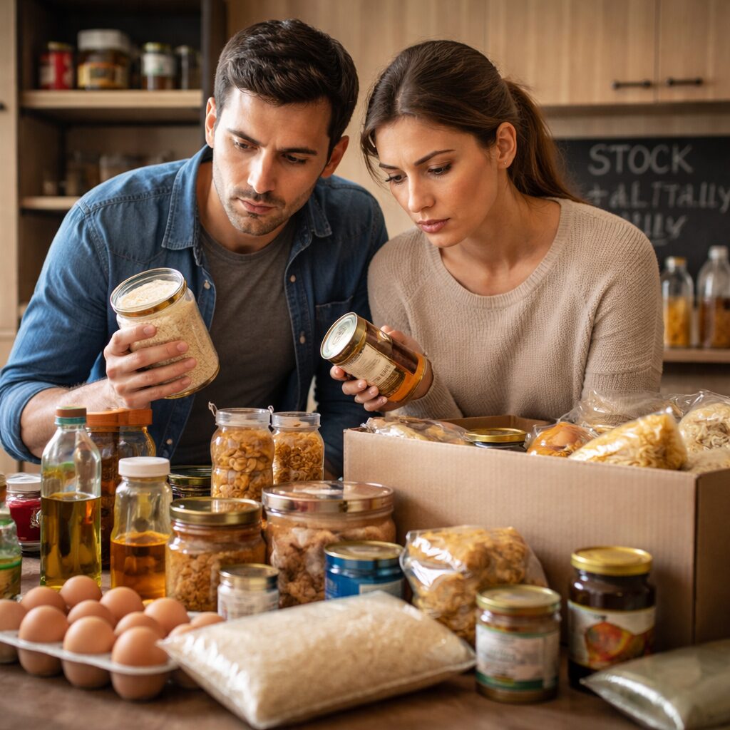 Réserves alimentaires et eau organisées sur une table de cuisine pour faire face à la fermeture prolongée des supermarchés.