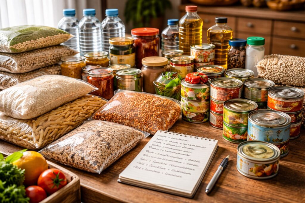 Comment nourrir une famille 30 jours avec des stocks simples Réserves alimentaires familiales simples avec riz, pâtes, conserves, eau et plan de repas sur une table.