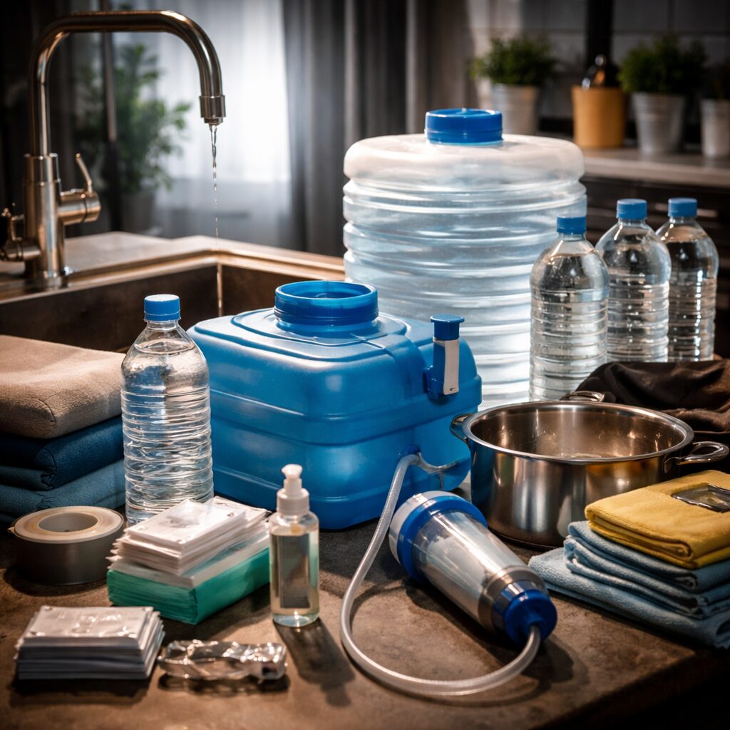 Réserves d’eau potable, bouteilles et matériel d’hygiène organisés dans une cuisine d’appartement pendant une coupure d’eau en ville.