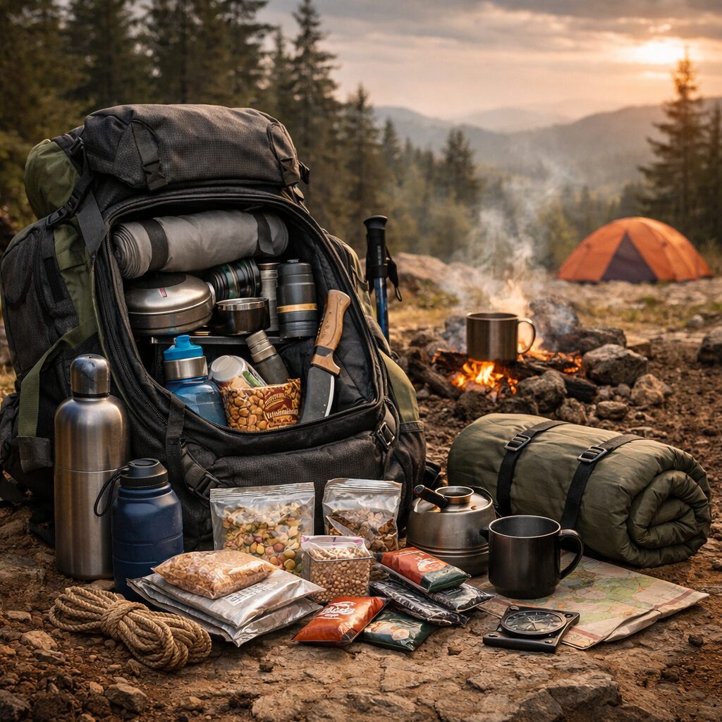 Sac de marche ouvert avec eau, nourriture dense, vêtements et matériel organisés pour plusieurs jours de déplacement.