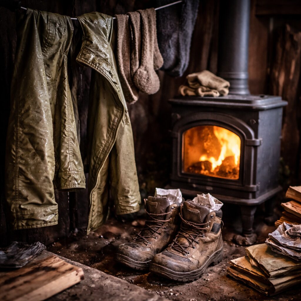 Gérer ses déchets en situation dégradée : hygiène, odeurs et nuisibles scène réaliste de séchage en autonomie : veste suspendue près d’une source de chaleur douce, chaussures ouvertes avec semelles sorties et tissu absorbant à l’intérieur, ambiance sobre, sans texte.