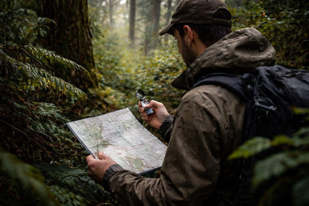S’orienter en forêt dense sans visibilité : éviter les erreurs de trajectoire et garder la bonne direction personne en forêt dense, boussole ou carte à la main, végétation serrée, visibilité courte, ambiance réaliste de progression prudente, sans texte.