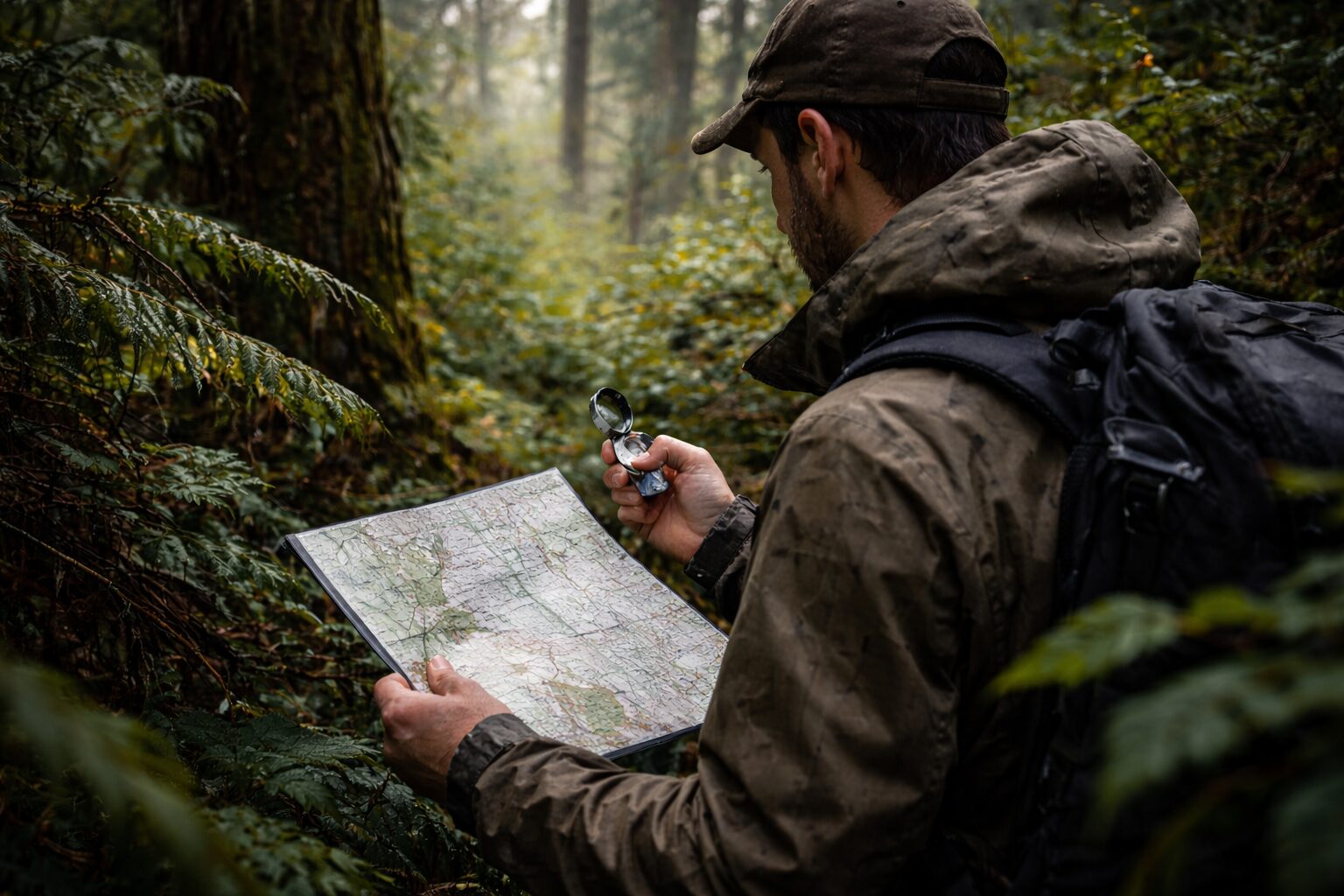 Cartographier sa zone de survie : méthode simple pour anticiper les crises personne en forêt dense, boussole ou carte à la main, végétation serrée, visibilité courte, ambiance réaliste de progression prudente, sans texte.