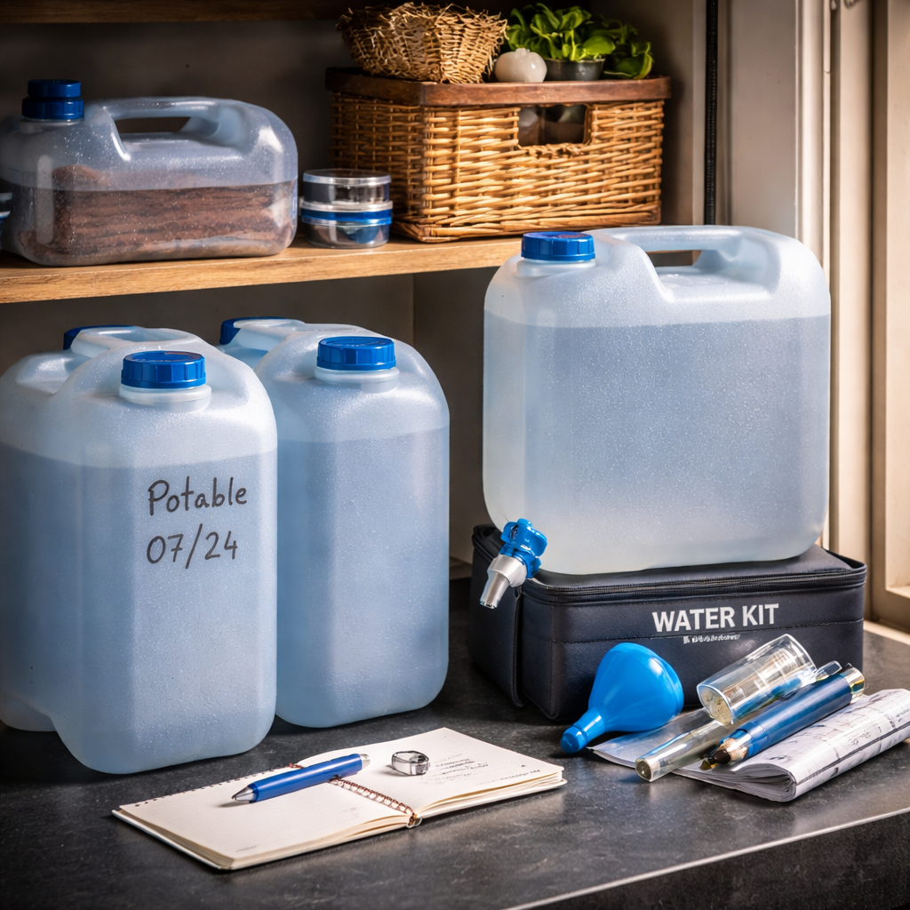 Comment nourrir une famille 30 jours avec des stocks simples plan réaliste dans une cuisine ou un cellier : deux jerricans alimentaires opaques (10–20 L) étiquetés avec dates, un jerrican avec robinet sur un petit support, une pochette “kit eau propre” (entonnoir/brosse), ambiance sobre, sans texte.