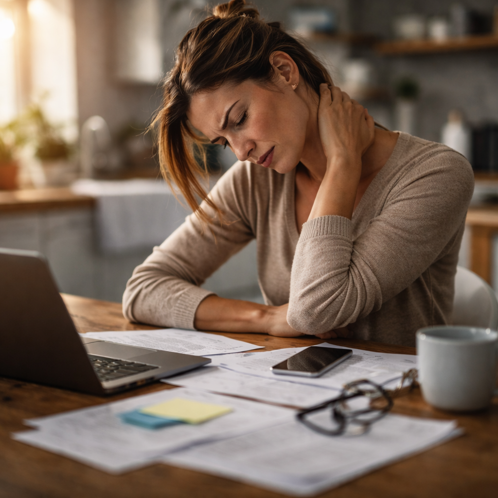 scène réaliste quotidienne : personne assise à une table, mains près du visage (tension), lumière naturelle, désordre maîtrisé (documents, téléphone), expression fatiguée mais crédible.