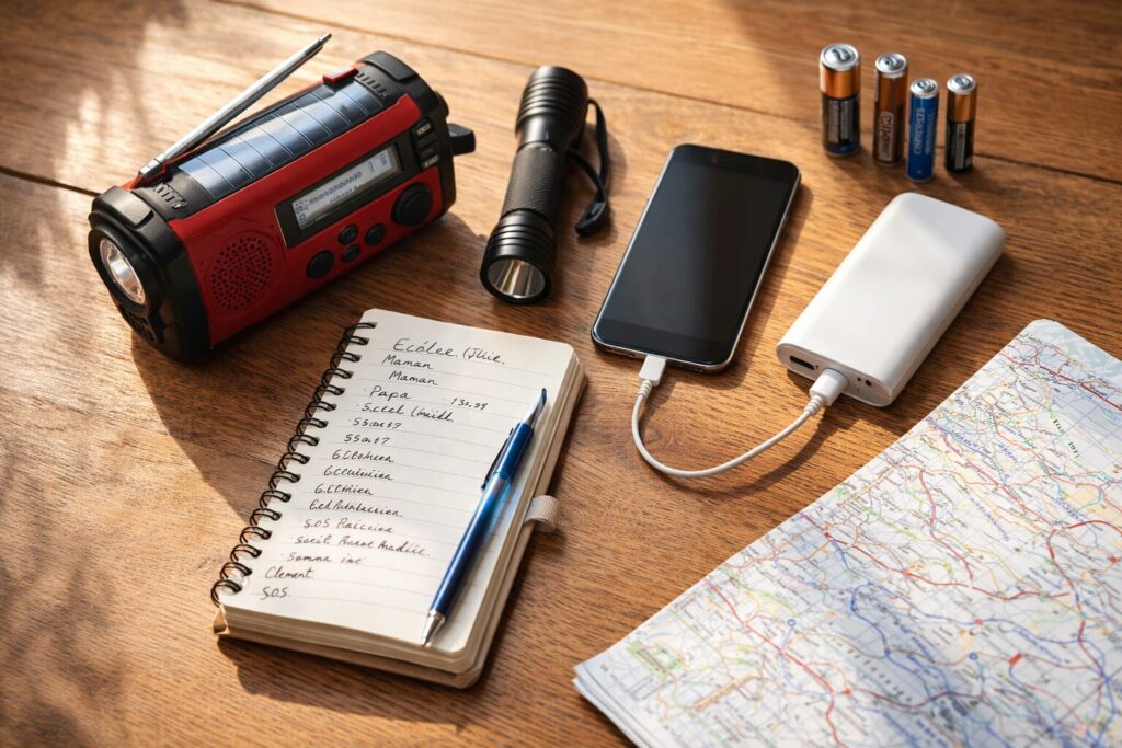 Table avec radio d’urgence, carnet de contacts, téléphone, batterie externe et documents papier pour communiquer sans Internet.