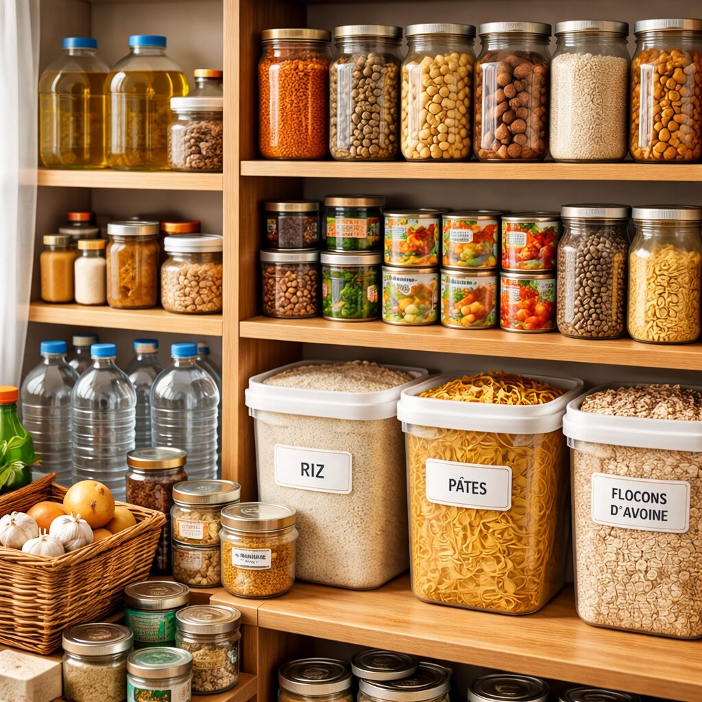 Table avec riz, pâtes, lentilles, conserves, huile et eau pour un stock alimentaire longue durée organisé.